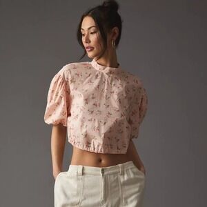 Anthropologie Pink Floral Puff Sleeve Crop Top Open Back Cottagecore Romantic-L